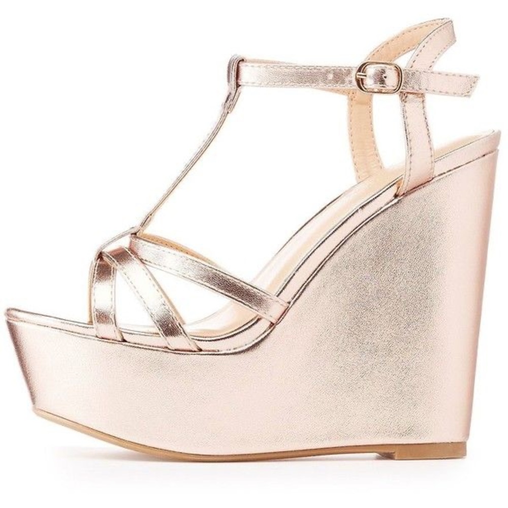 Charlotte Russe - Metallic T-Strap Wedge Sandals